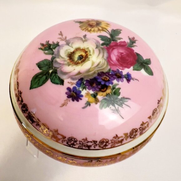 Limoges France Vintage Porcelain Trinket Box Pink Floral Vanity Dish Gold Trim - Picture 8 of 11